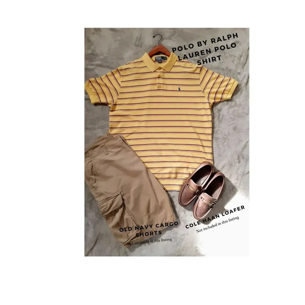 Vintage Ralph Lauren Polo Shirt Mens XL Yellow Striped Americana Preppy 90s
